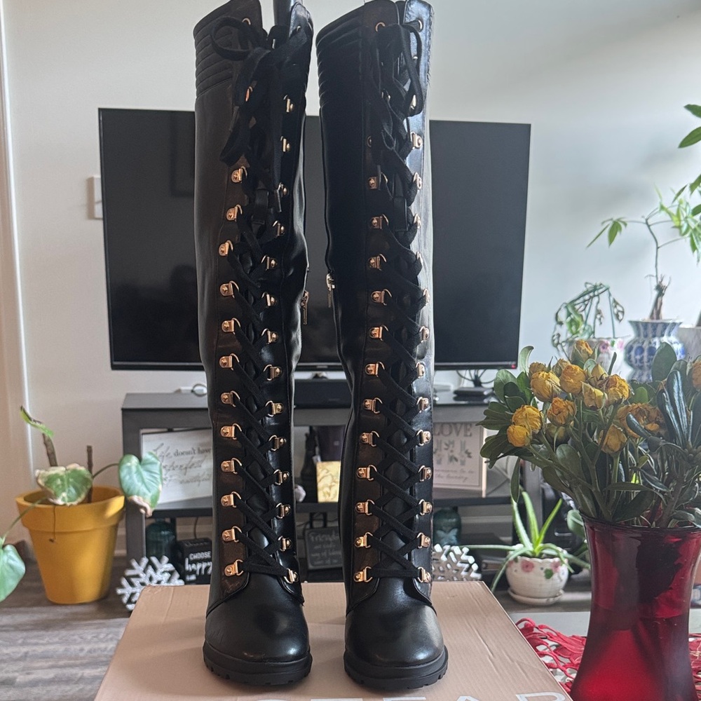 JustFab Black Lace-Up Knee-High Boots. Eliza, Black